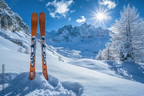 Ski Equipment. Winter Holidays in High Italian Mountains with Snow