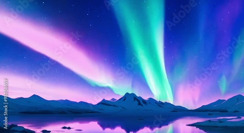 Aurora Lights Glowing in the night sky of northern pole 4K Anime Style