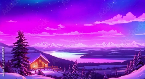Aurora Lights Glowing in the night sky of northern pole 4K Anime Style