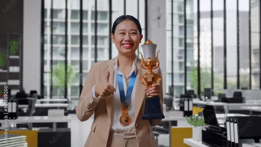 Asian Business Woman In A Suit With A Gold Medal And Trophy Showing ...
