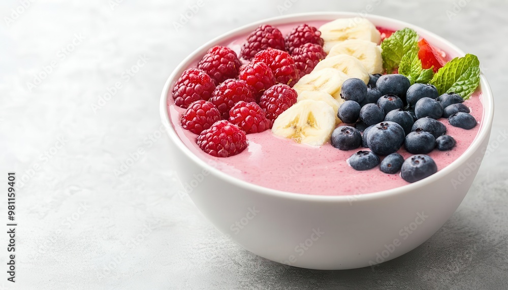 Smoothie bowl with fresh fruit toppings, colorful breakfast, 3D illustration Smoothie bowl with fresh fruit toppings, colorful breakfast, 3D illustration