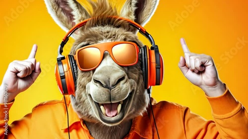 Donkey dj wearing headphones and sunglasses is dancing and pointing