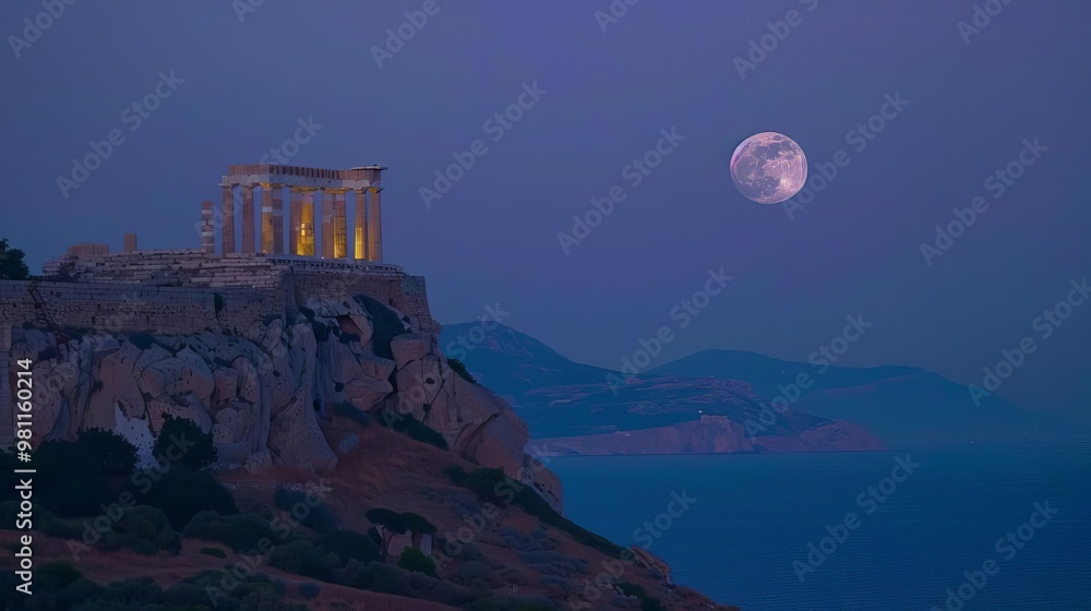 Moon rising over Temple of Poseidon, Sounion Cape, Greece, twilight scenery, ancient architecture, serene and breathtaking, historical beauty Moon rising over Temple of Poseidon, Sounion Cape, Greece, twilight scenery, ancient architecture, serene and breathtaking, historical beauty