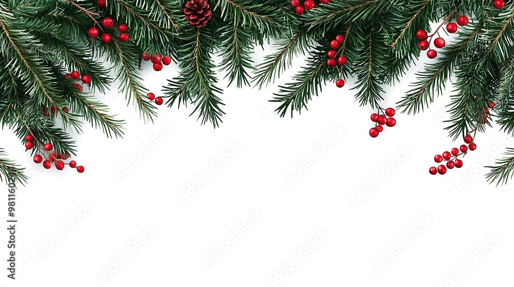 A festive border of evergreen branches with red berries and pine cones, suitable for holiday designs. A festive border of evergreen branches with red berries and pine cones, suitable for holiday designs.