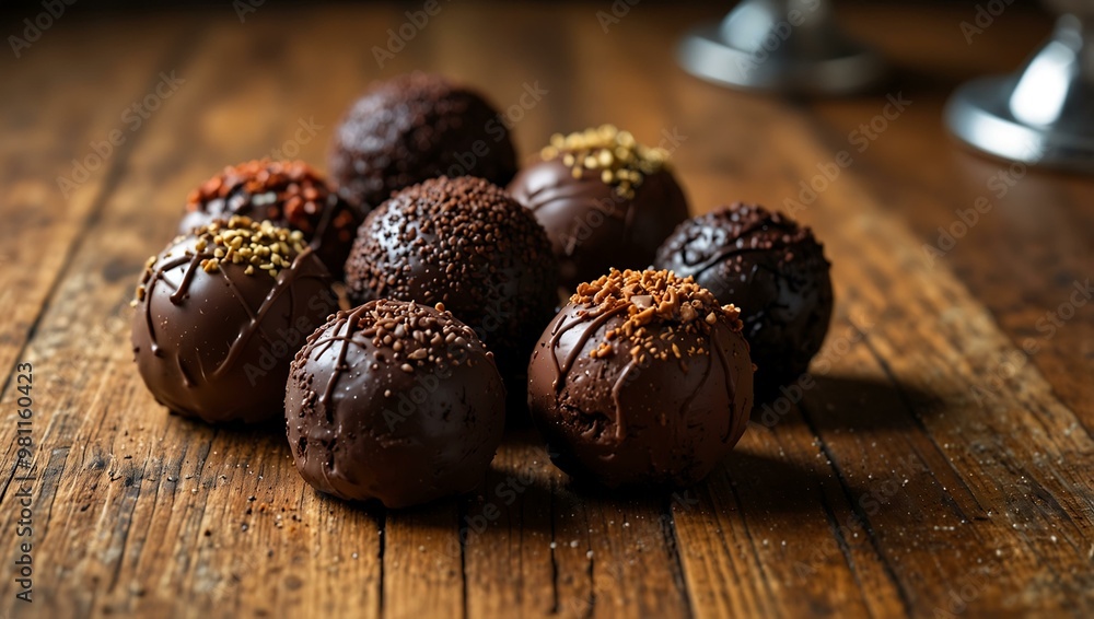 Assorted gourmet chocolate truffles on a wooden surface. Assorted gourmet chocolate truffles on a wooden surface.