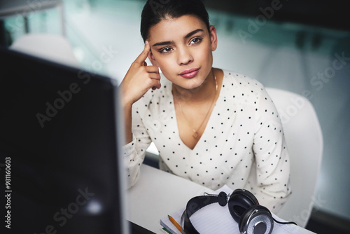 Obraz na plátně Woman, thinking and consultant in office at night, call centre agent and contemplating career