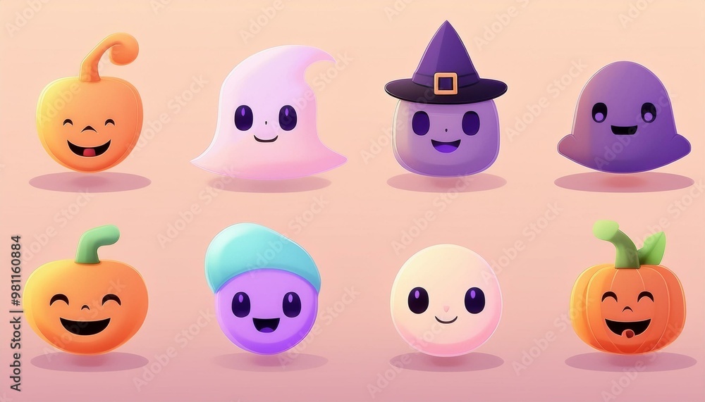 Cute Halloween Characters an adorable icon set featuring Halloween-themed characters such as a smiling ghost, friendly vampire, cheerful witch, happy jack-o'-lantern, and a cute little mummy. Cute Halloween Characters an adorable icon set featuring Halloween-themed characters such as a smiling ghost, friendly vampire, cheerful witch, happy jack-o'-lantern, and a cute little mummy.