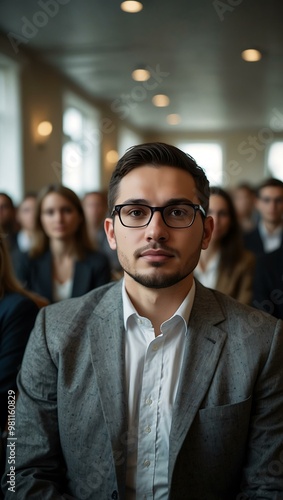 Audience at a conference hall presentation, speaker in focus.