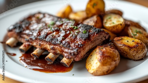 A gourmet presentation of grilled pork ribs on a white plate, drizzled with a reduction sauce and paired with roasted potatoes, creating an elegant twist on a classic dish.