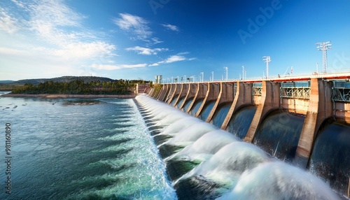 Hydroelectric dam with rushing water and electric turbines turning photo