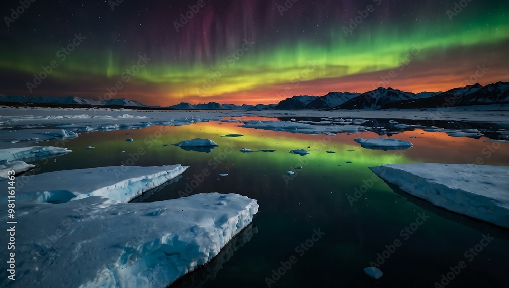 Aurora borealis reflecting on a frozen Arctic lake with vibrant colors and deep shadows. Aurora borealis reflecting on a frozen Arctic lake with vibrant colors and deep shadows.