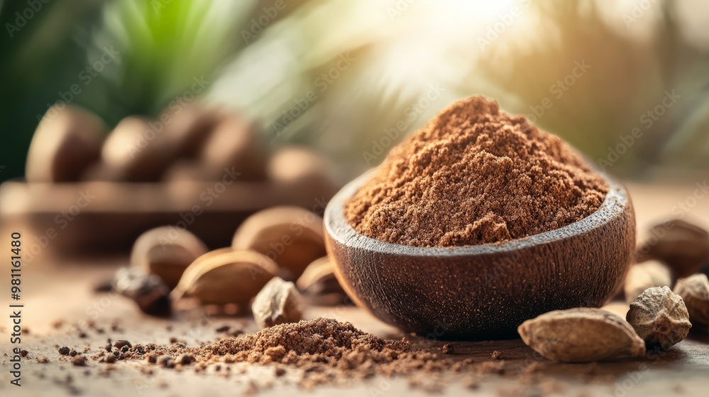 A wooden bowl filled with aromatic ground nutmeg, surrounded by whole nutmegs on a rustic table. Blurred natural background with sunlight. A wooden bowl filled with aromatic ground nutmeg, surrounded by whole nutmegs on a rustic table. Blurred natural background with sunlight.