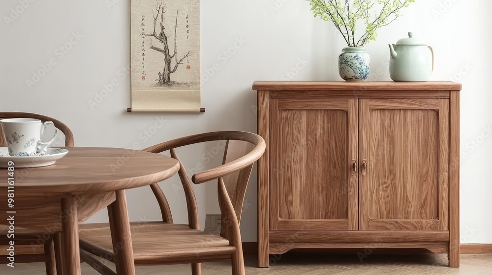 A serene dining area showcases a wooden table and chairs alongside a wall hanging, emphasizing minimalist Chinese design illuminated by bright natural light A serene dining area showcases a wooden table and chairs alongside a wall hanging, emphasizing minimalist Chinese design illuminated by bright natural light