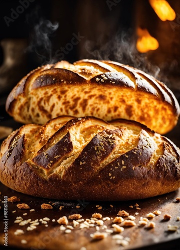 Freshly baked bread with sesame seeds on a wooden board. ai generative