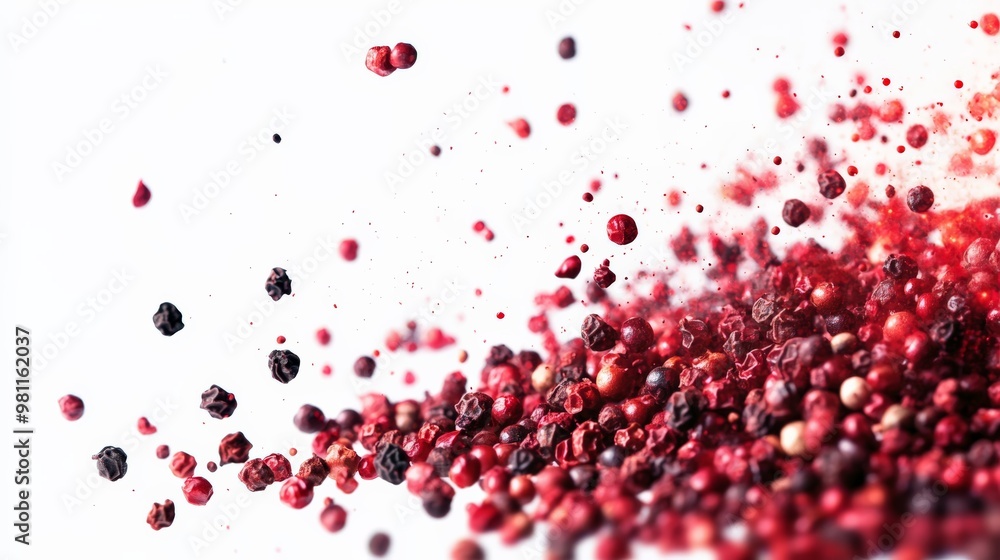 Abstract image of red and black peppercorns scattered on a white background, creating a dynamic and vibrant splash effect.
