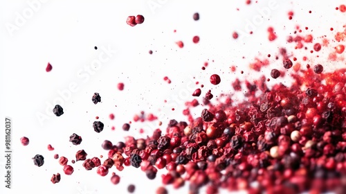 Abstract image of red and black peppercorns scattered on a white background, creating a dynamic and vibrant splash effect.