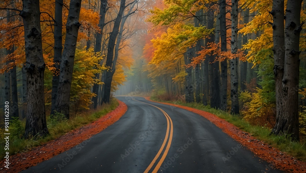 Autumn forest road with vibrant trees. Autumn forest road with vibrant trees.