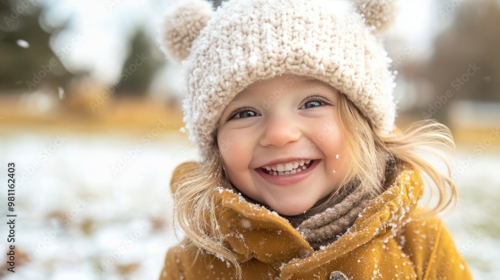 A young girl wearing a white hat and a yellow coat is smiling A young girl wearing a white hat and a yellow coat is smiling