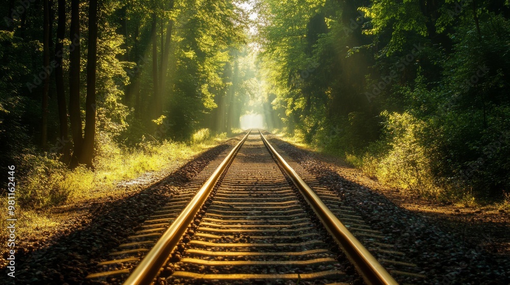 A long, straight railway track with gravel between the rails, stretching through a dense forest, with sunlight filtering through the trees, representing peaceful solitude. A long, straight railway track with gravel between the rails, stretching through a dense forest, with sunlight filtering through the trees, representing peaceful solitude.