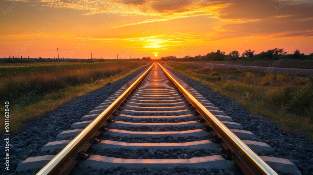A long stretch of railway tracks disappearing into the horizon at sunset, with warm orange hues reflecting off the rails, symbolizing travel, adventure, and endless possibilities. A long stretch of railway tracks disappearing into the horizon at sunset, with warm orange hues reflecting off the rails, symbolizing travel, adventure, and endless possibilities.