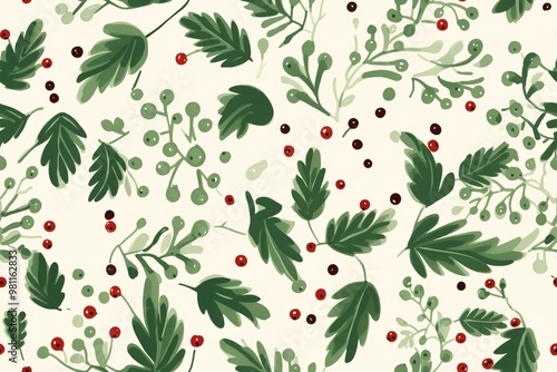 Christmas Seamless Pattern. Coniferous branches, cones, red artificial berries, thuja branches. Pattern for wrapping paper, greeting cards, invitations, fabric, prints.