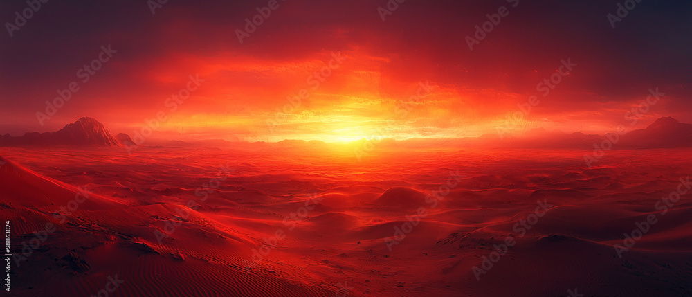 A wide cinematic view of a dark desert landscape at sunset, with soft hues of red and orange mixing with the shadows cast over the dunes. A wide cinematic view of a dark desert landscape at sunset, with soft hues of red and orange mixing with the shadows cast over the dunes.