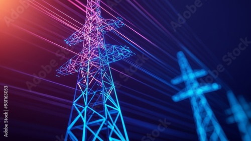 A vibrant, abstract view of power lines illuminated with colorful lights against a dark background, symbolizing energy and technology. illustration photo