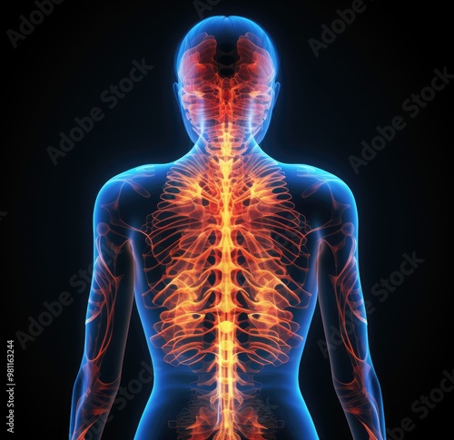 Anatomical representation of the human spine and nervous system illuminated against a dark background. Generative AI