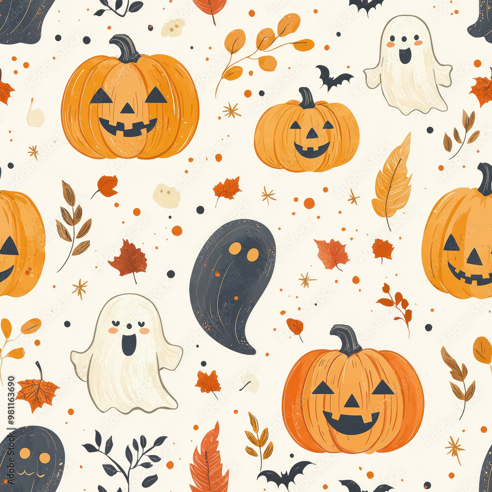 A Fall Themed Pattern Of Cute Pumpkins And Cute Smiling Ghosts On A Cream Colored Background. Halloween. Smooth Lines, A Fall Themed Seamless Pattern, Wrapping Paper Concept A Fall Themed Pattern Of Cute Pumpkins And Cute Smiling Ghosts On A Cream Colored Background. Halloween. Smooth Lines, A Fall Themed Seamless Pattern, Wrapping Paper Concept