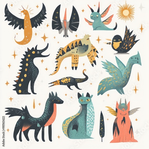 A colorful illustration of 12 different fantastical creatures.