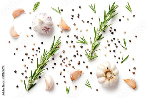 Garlic, rosemary and peppercorns on a white background