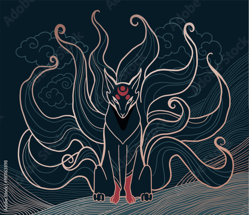 vector abstract illustration of japanese fantasy creature nine tailed fox kitsune in black and gold colours	