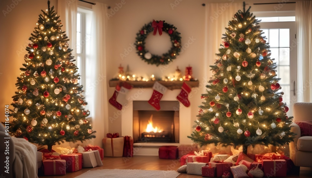 Decorated Christmas tree with ornaments and lights, with a blurred background of a cozy living room setting Decorated Christmas tree with ornaments and lights, with a blurred background of a cozy living room setting