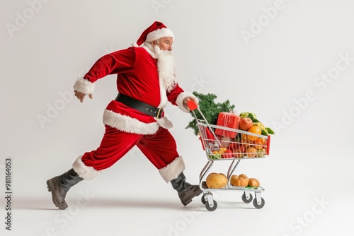 Santa Claus joyfully runs with a shopping cart filled with fresh produce and gifts, celebrating Christmas cheerfully and merrily in December, spreading festivity during the holiday season
