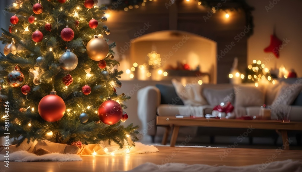 Decorated Christmas tree with ornaments and lights, with a blurred background of a cozy living room setting Decorated Christmas tree with ornaments and lights, with a blurred background of a cozy living room setting