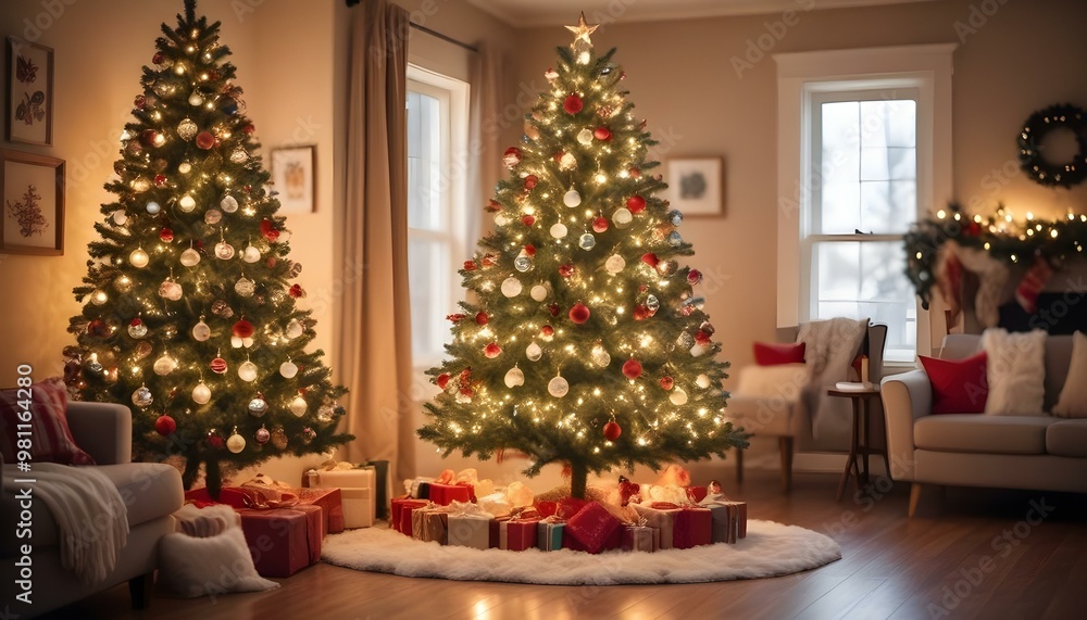 Decorated Christmas tree with ornaments and lights, with a blurred background of a cozy living room setting Decorated Christmas tree with ornaments and lights, with a blurred background of a cozy living room setting