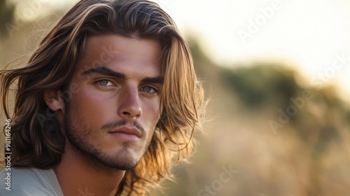 A man with a long, flowing hairstyle, styled with soft waves, set against a natural outdoor backdrop to emphasize a relaxed and carefree vibe.