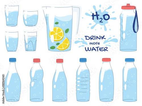 Bottles and dishes with water. Drink more water. Maintenance of water balance in the human body. Vector illustration