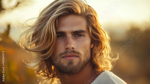 A man with a long, flowing hairstyle, styled with soft waves, set against a natural outdoor backdrop to emphasize a relaxed and carefree vibe.