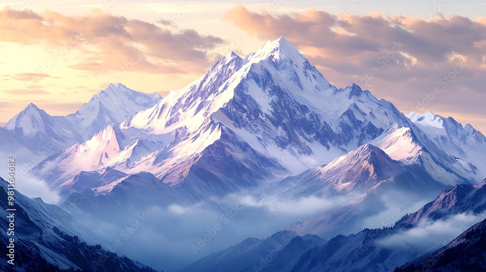 Obraz premium A breathtaking mountain landscape at sunrise, showcasing majestic peaks and soft clouds in a serene atmosphere.