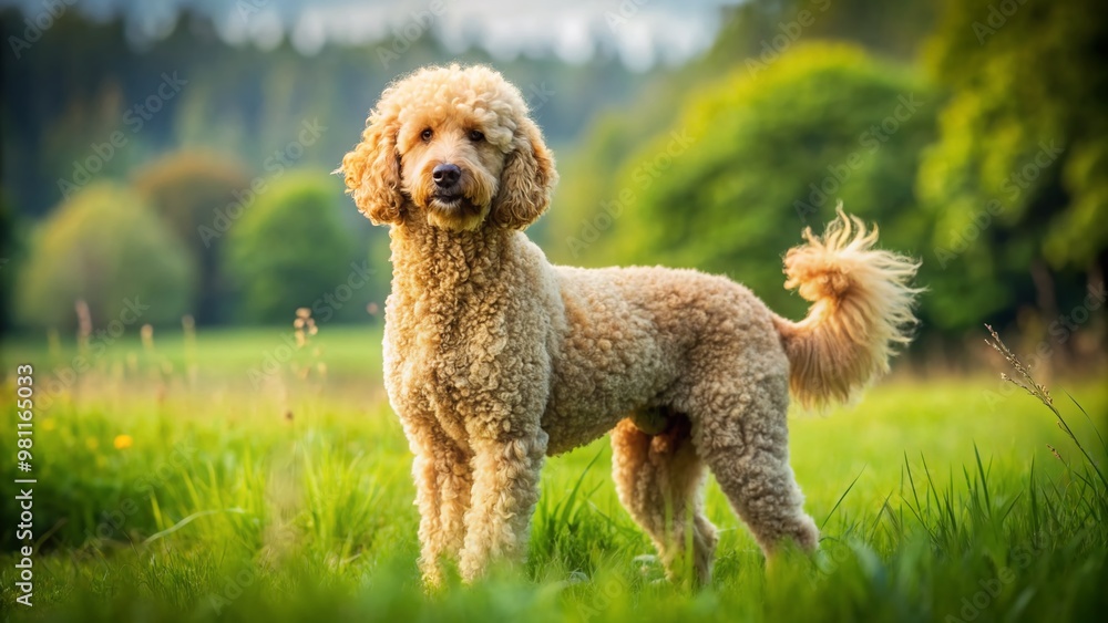 Adorable curly-coated canine with intelligent eyes, standing in a lush green meadow, showcasing its unique blend of German Shepherd strength and Poodle elegance. Adorable curly-coated canine with intelligent eyes, standing in a lush green meadow, showcasing its unique blend of German Shepherd strength and Poodle elegance.