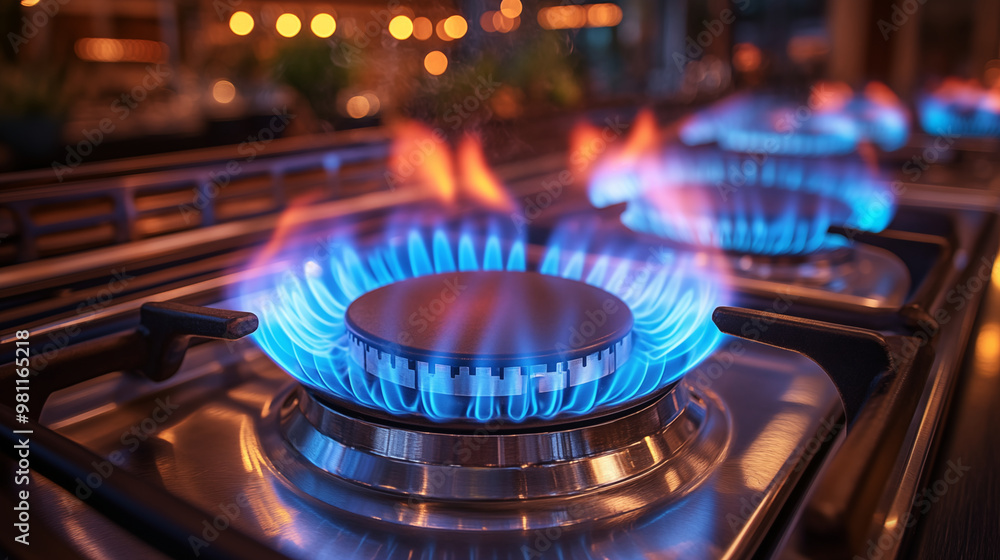 Gas stove burners with vibrant blue flames, kitchen cooking concept Gas stove burners with vibrant blue flames, kitchen cooking concept