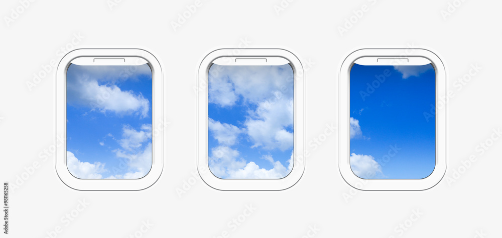 Beautiful sky with clouds, view through airplane windows in white sidewall of cabin