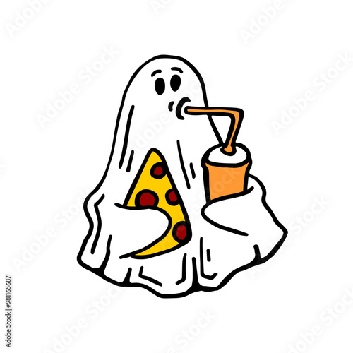 A cute ghost is eating pizza and drinking a cocktail through a straw