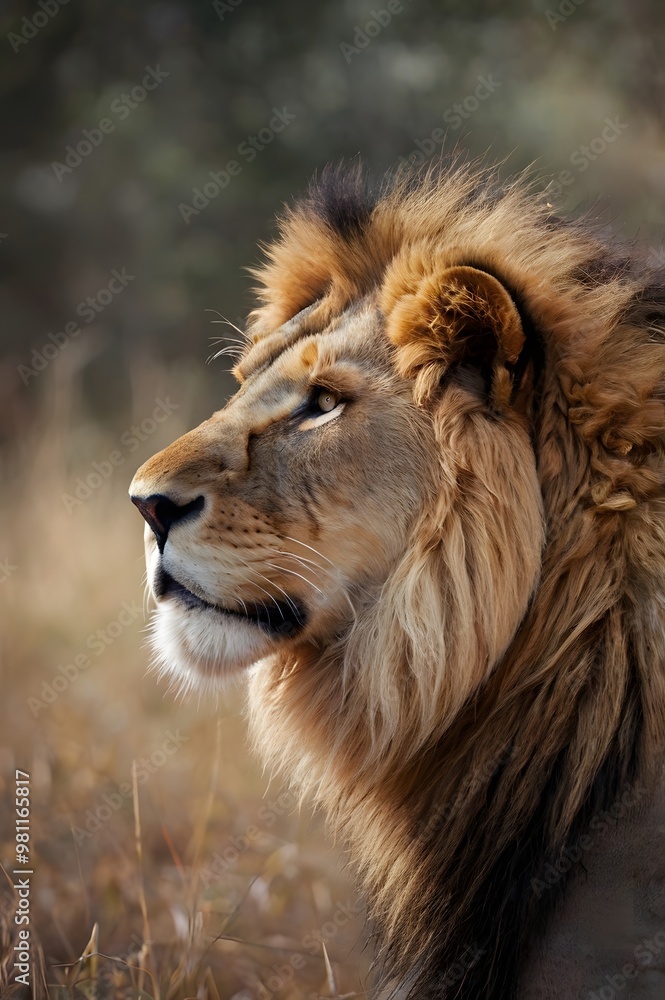 A closeup portrait of lion side view,copy space,wildlife photography. 