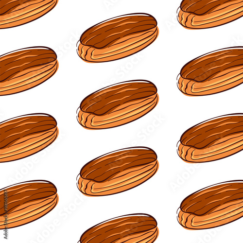 Seamless pattern with eclair in flat style. Design for bakery branding, packaging design, textile prints.