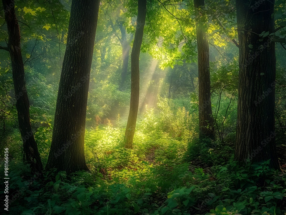 Lush Forest Preserve with Towering Ancient Trees and Diverse Foliage in Cinematic Woodland Glade Lush Forest Preserve with Towering Ancient Trees and Diverse Foliage in Cinematic Woodland Glade