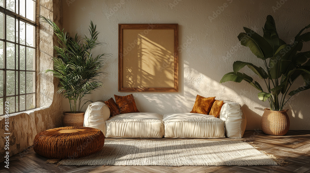 Fototapeta premium A cozy living room with a white sofa, plants, and a large frame.