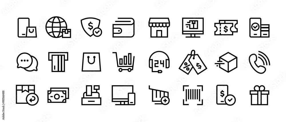 illustration vector graphic of e-commerce line icon pack with various shopping elements illustration vector graphic of e-commerce line icon pack with various shopping elements