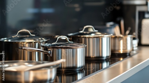 A modern kitchen countertop with a set of stainless steel pots and pans neatly arranged, showcasing their polished finish and versatile cooking capabilities.